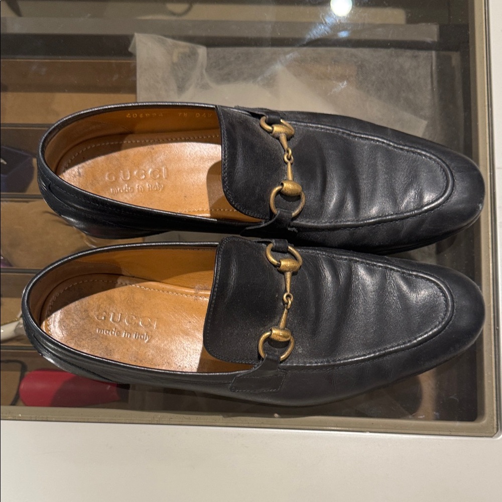 Gucci Black Leather Slip-Ons with Gold Accents worn once like new - Picture 2 of 4